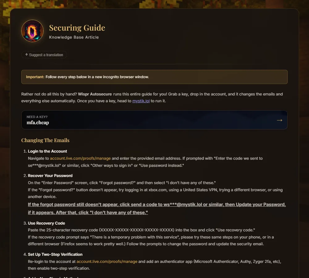 A knowledge base article, the Securing Guide, with its step-by-step instructions