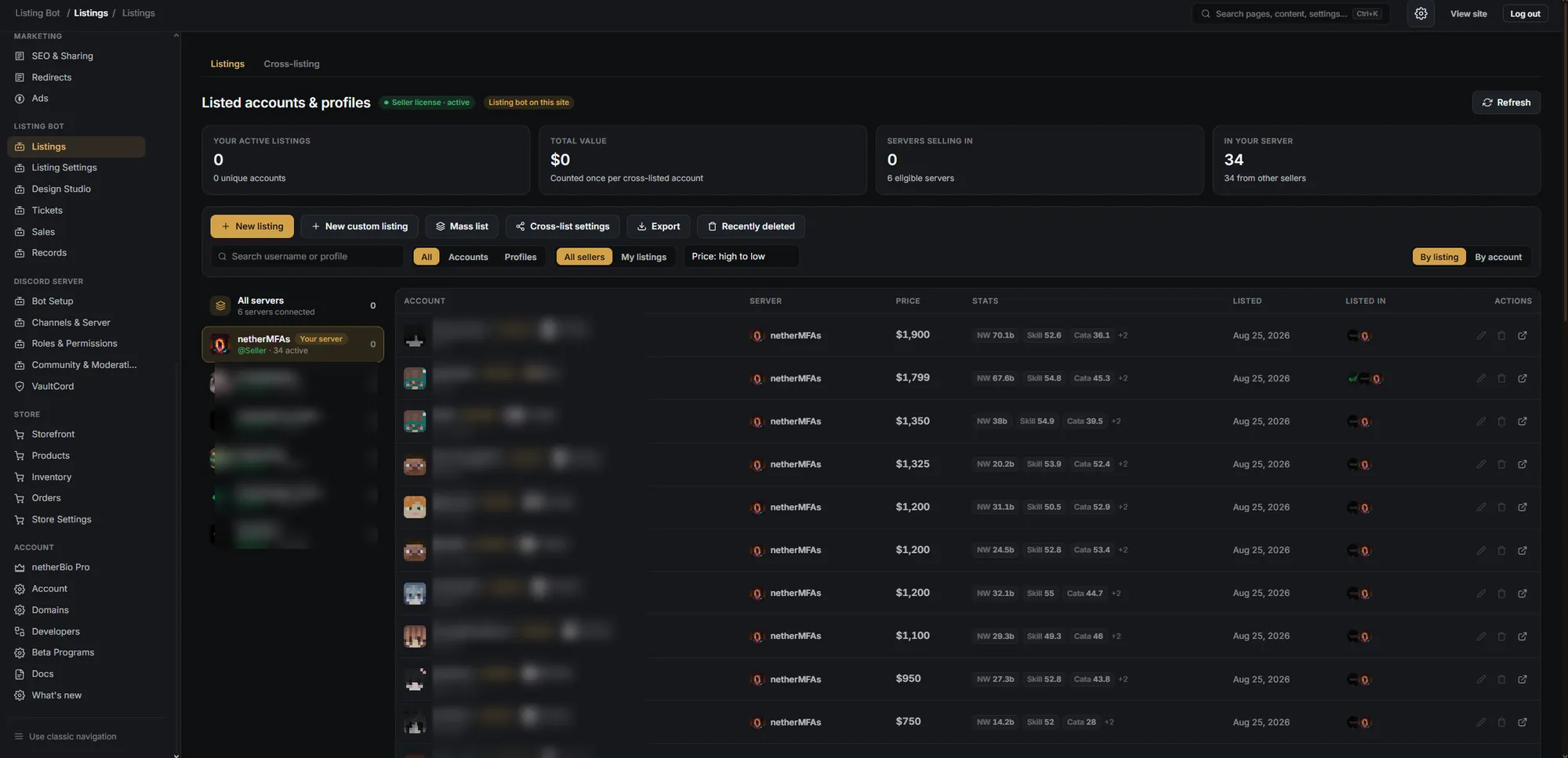 Listing manager: listed accounts with prices, Hypixel stats and optional cross-listing across servers