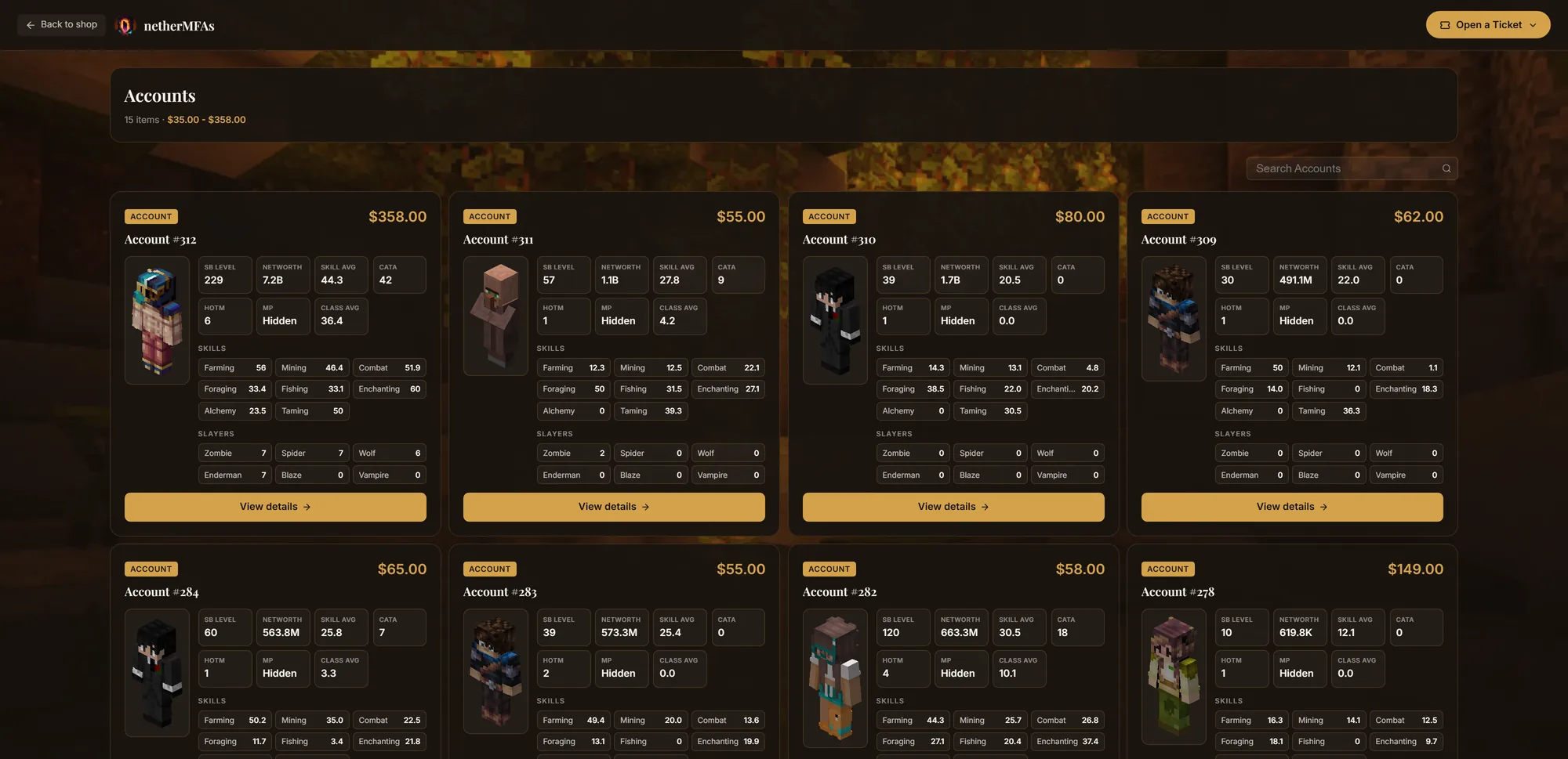 A live storefront category: a grid of account listings, each card showing its stats, with a search box