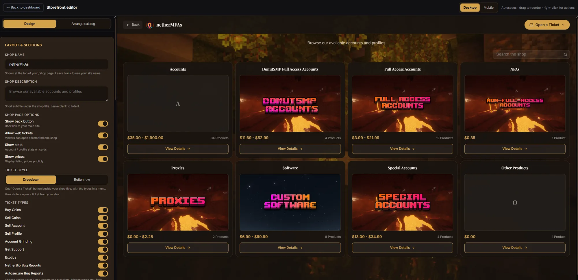 Storefront builder with styleable product buttons